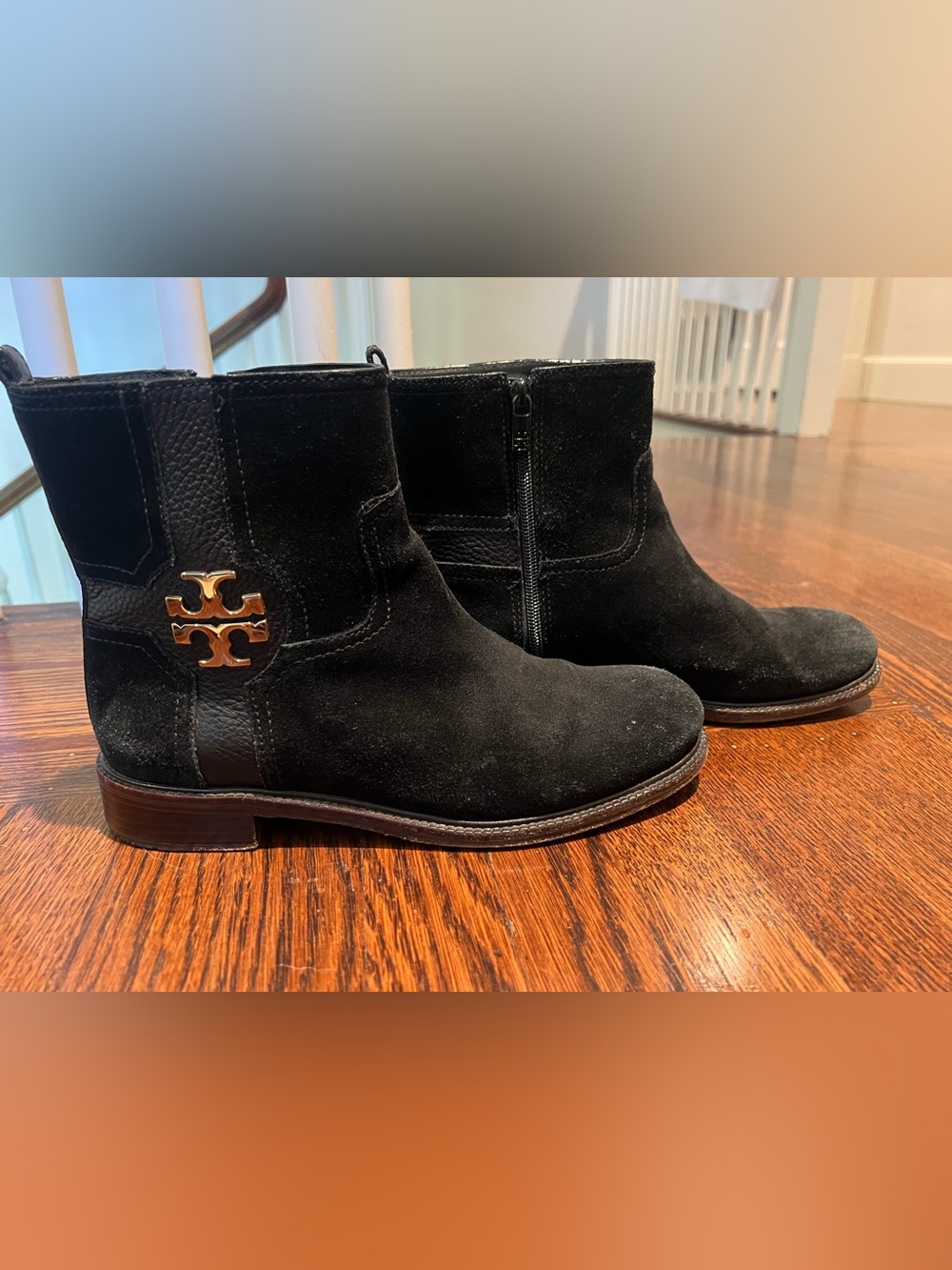 Tory Burch Alaina Boot- black suede, ankle boots with gold logo